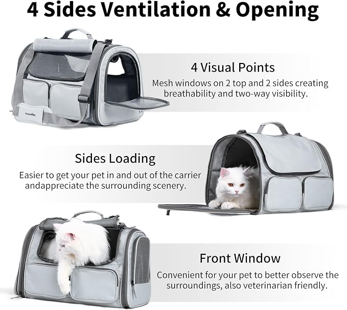 FUKUMARU Cat Carrier, Airline Approved Dog Carrier with Rollable Cover | Breathable Soft Cat Carrier, Multiple Doors & 4 Storage Pockets Cat Travel Bag, Durable Pet Carrier for Cat Under 15 lb, Grey