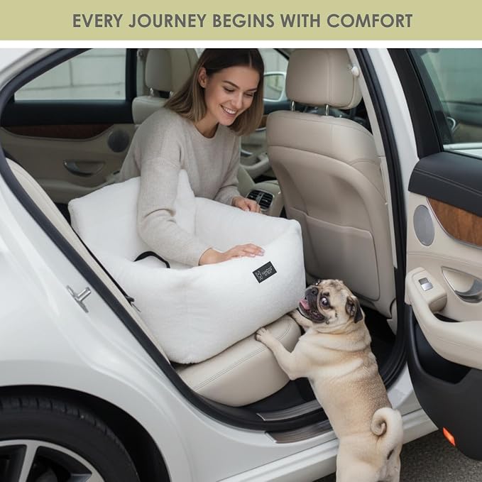 NANDOG Luxury Dog Car Seat Bed for Medium Dogs, Cloud Ultra Plush Pet Seat with Removable & Washable Cushion Insert, Thick Safety Seatbelt Straps, Secure Travel Carrier, Pearl White, 22" L x 18" W