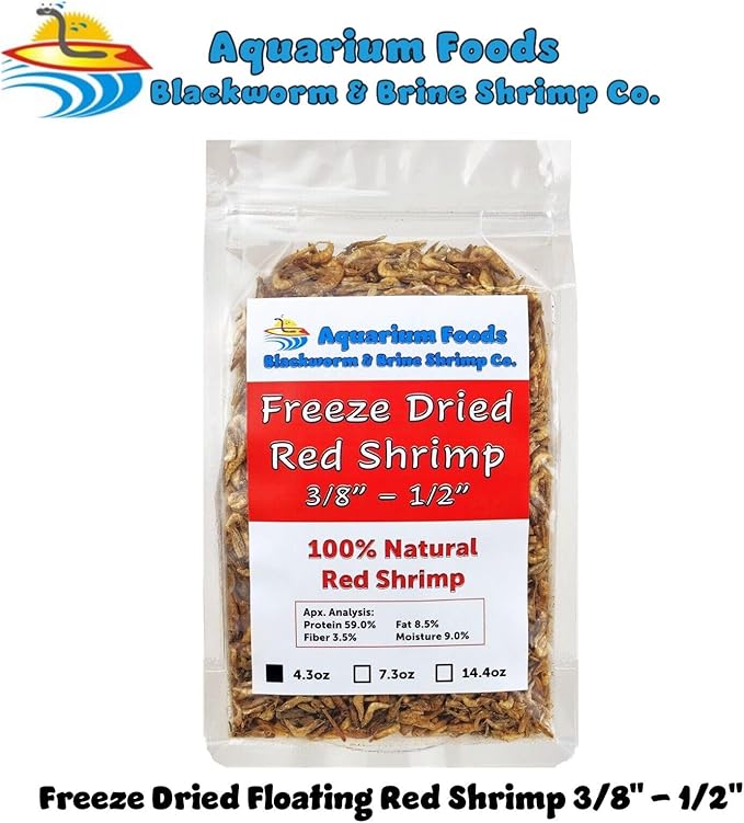 Aquatic Foods Inc. Red Shrimp, 3/8" to 1/2" Floating Freeze Dried Red Shrimp for All Tropical Fish, Cichlids, Medium Size Catfish, Marines, Pond Fish, Turtles, Hamsters, Rodents…4.3oz Clear Bag