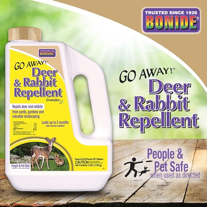 Bonide Go Away! Deer & Rabbit Repellent Granules, 3 lb. Ready-to-Use, Deter Deer from Garden, Flowers & Plants