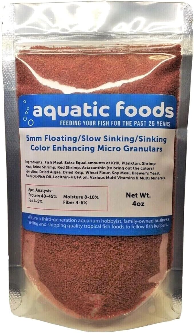 Aquatic Foods Inc. .5mm Floating/Slow Sinking/Sinking Color Enhancing Micro Granules for Discus, Cichlids All Tropicals, Koi and Pond Fish…4oz Bag