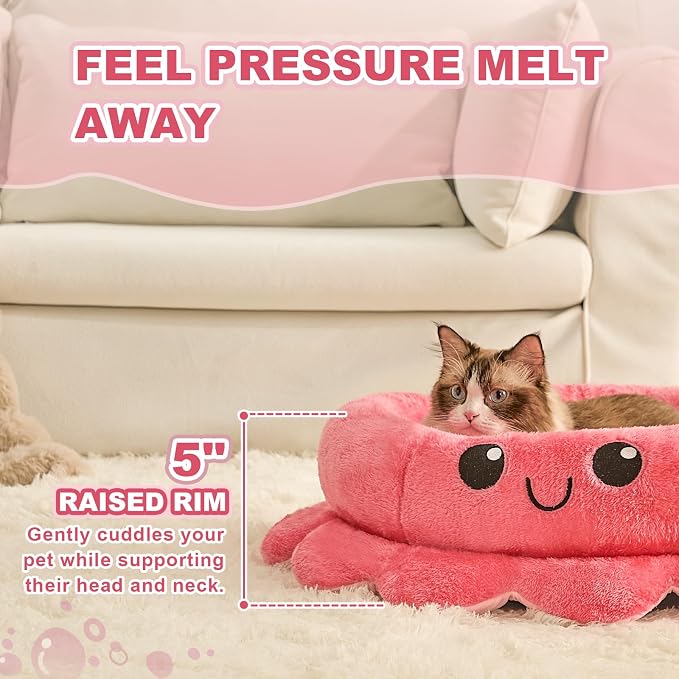 Cute Calming Dog Beds Clearance for Medium Small Dogs, Anxiety Bolster Dog Bed with Octopus Shape, Pink, Red, Boho, Round Pet Bed Cat with Removable Cushion