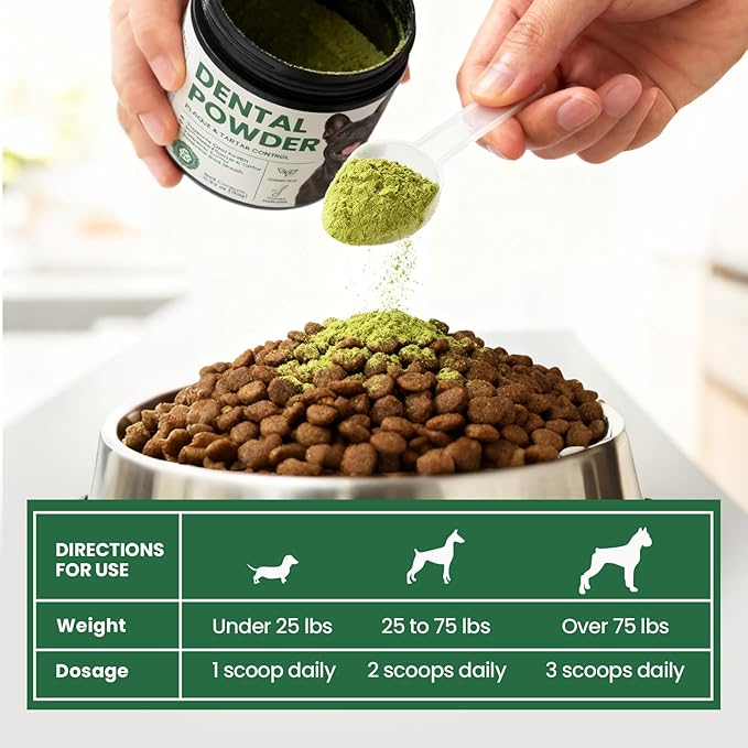 Dog & Cat Dental Powder: Ultimate Breath Freshener & Oral Care - Eliminates Bad Breath, Controls Plaque & Tartar - Enzyme & Probiotic Food Topper - Green Tea Flavor 5.64oz