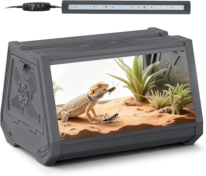 Smart Lighting Reptile Terrarium with Timer & Dual-Mode LED/UVB - Adjustable Brightness All-in-One Habitat, Wide View Escape-Proof Dual Doors for Gecko, Frog, Tarantula, Snake or Insects