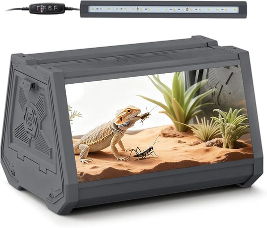 Smart Lighting Reptile Terrarium with Timer & Dual-Mode LED/UVB - Adjustable Brightness All-in-One Habitat, Wide View Escape-Proof Dual Doors for Gecko, Frog, Tarantula, Snake or Insects