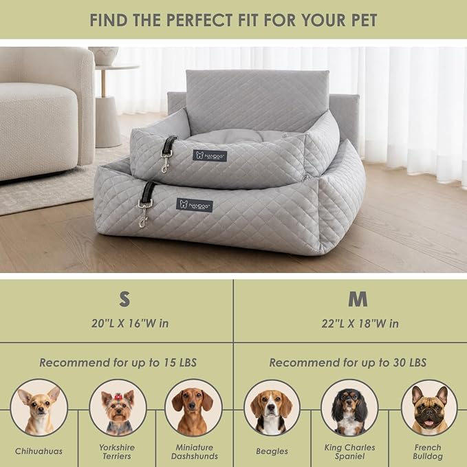 NANDOG Luxury Dog Car Seat Bed for Medium Dogs, Micro Plush Pet Seat with Removable & Washable Cushion Insert, Thick Safety Seatbelt Straps, Secure Travel Carrier, Light Grey, 22" L x 18" W