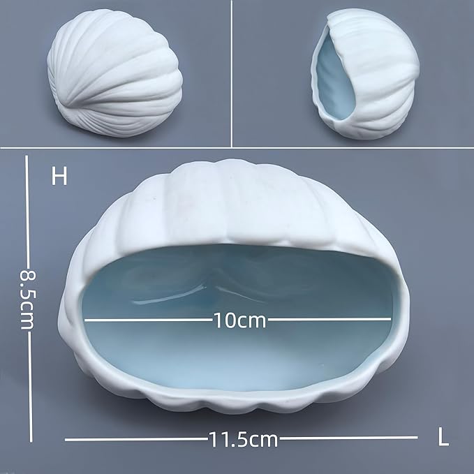 Ocean Theme Aquarium Decor 4-Piece Set: Ceramic Shell Cave, Resin Coral & Starfish, Cute Mermaid Figurine - Hideout & Ornament for Betta Fish, Shrimp, Small Fish Tank