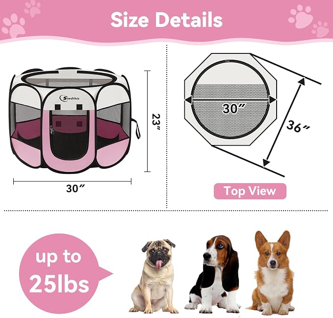 Sieidihit Dog Cat Pet Playpen Puppy Crate Cage Indoor Outdoor, Medium Pink | Nursing Rest Zone Recovering Pet Quarantine Room Portable Pop Up Easy to Set up lightweight Carrying Bag Wide applicability