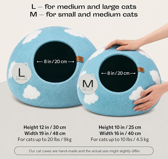 Cat Cave – Premium Felt Cat Bed Enclosure for Indoor Cats, Handmade Merino Wool (Cloud Nap Blue, Large)