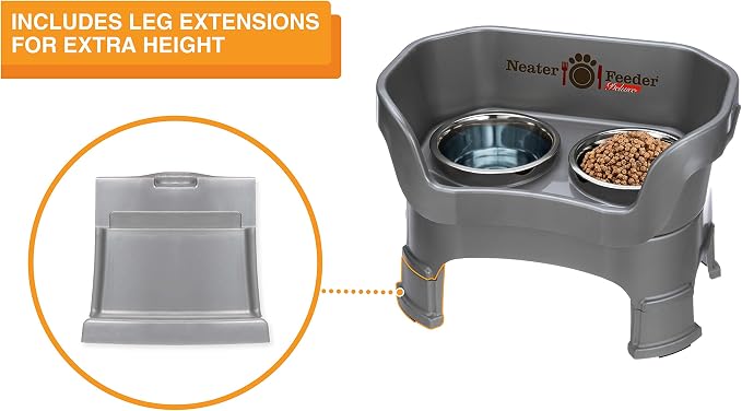 Neater Feeder Deluxe Mess-Proof Elevated Dog Bowls for Medium Dogs (19–40 lbs), 2 Height Adjustable (10” & 12.5”) No-Spill Raised Dog Bowl Stand w/Slow Feed Bowl for Food, Made in USA, Grey