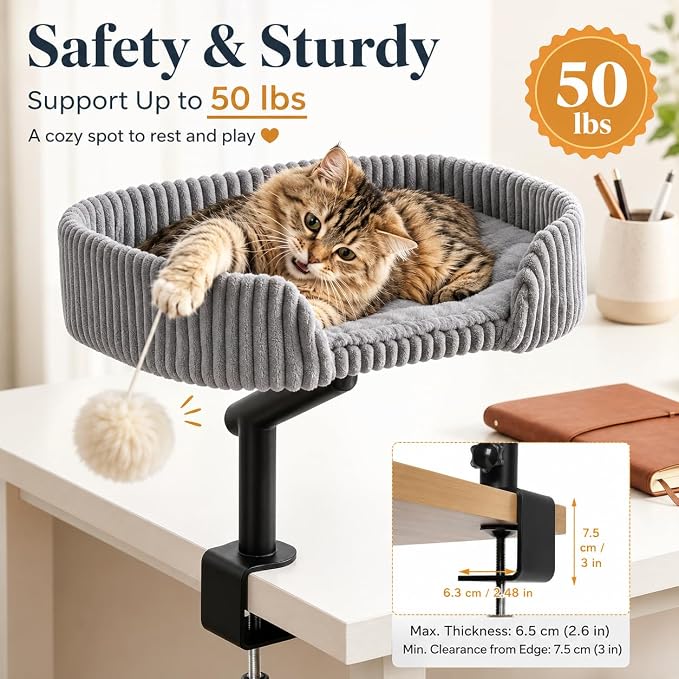 Cat Desk Bed with 3 Mats for All Seasons, 360° Rotating Adjustable | Clamp-On Desk Cat Bed with Reversible Plush Cushion, Sisal Scratch Mat, Cooling Mat & Hanging Ball, Supports 50 lbs, Grey