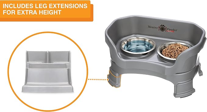 Neater Feeder Deluxe Mess-Proof Elevated Cat Bowls, 2 Height Adjustable (6” & 7.5”) No-Spill Raised Cat Bowl Stand, Whisker Friendly Stainless Steel Dishes for Indoor Cats, Made in USA, Gunmetal