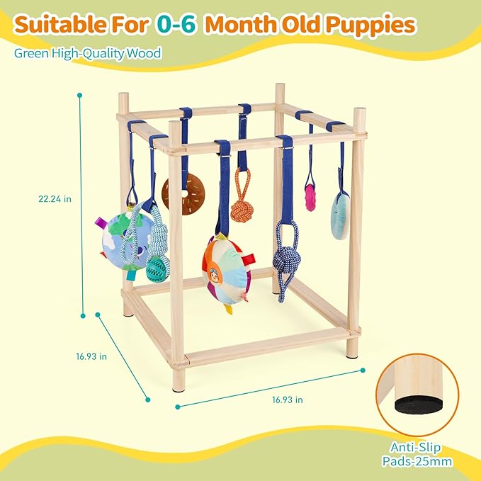 Wooden Puppy Play Gym for Small Dogs with 8 Hanging Toys | Wood Puppy Jungle Gym Indoor & Dog Enrichment Toys for Puppies 0-6 Months