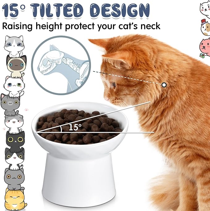 4 Pcs Ceramic Raised Cat Bowls, Elevated Tilted Cat Bowl for Food Water, Stress Free, Backflow Prevention, Dishwasher Microwave Safe, Feeder Dish for Indoor Kitten, Small Dogs(White)