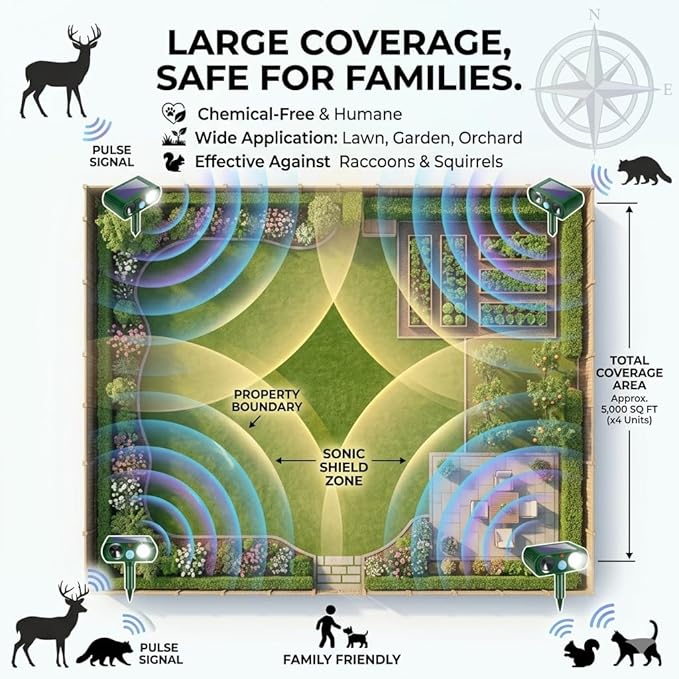 2026 Upgraded Sonic Fortress Pro Deer Repellent Outdoor,Solar Ultrasonic Animal Repellent with Motion Sensor&Flash Light-IP65 Waterproof Raccoon Fortress Pro for Squirrel,Cat-Garden&Yard 2Pack