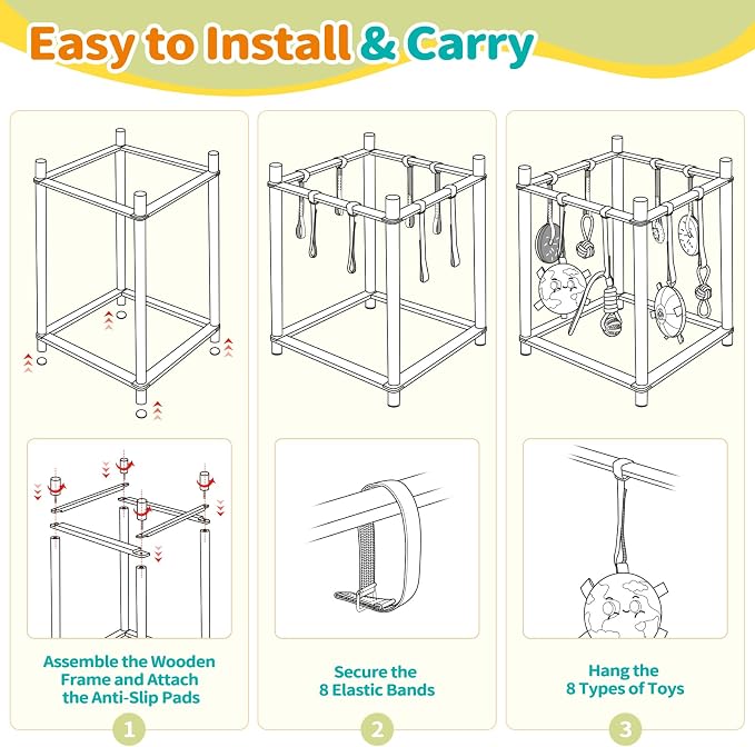 Wooden Puppy Play Gym for Small Dog with 8 Hanging Toys, Blue Frame | Wood Puppy Jungle Gym Indoor & Dog Enrichment Toys for Puppies 0-6 Months