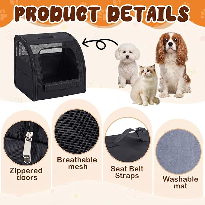 Dog Car Crate, Enclosed Foldable Cat Car Seat Carrier, 20x19x19.5in, Black | Portable Dog Cat Carrier with Seatbelt Attachment & Headrest Strap, Soft-sided Pet Kennel with Bed for Pet Travel up to 25 lb