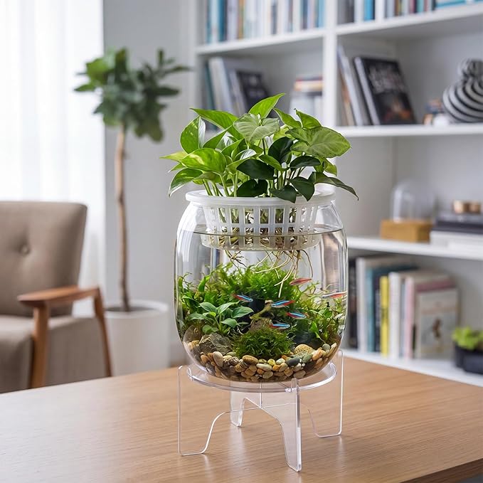Thenshop 1.07 Gallon Plastic Aquaponic Planter and Aquarium Betta Bowl Fish Aquariums Small Fish Tank with Base and Top Promotes Healthy Hydroponic Environment for Plants (Elliptical Cylinder)
