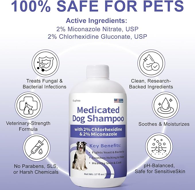 Medicated Dog Shampoo with 2% Miconazole & 2% Chlorhexidine – Relief for Itchy, Odor & Redness – Gentle Vet-Grade Formula for Healthy Skin & Coat - 17 oz
