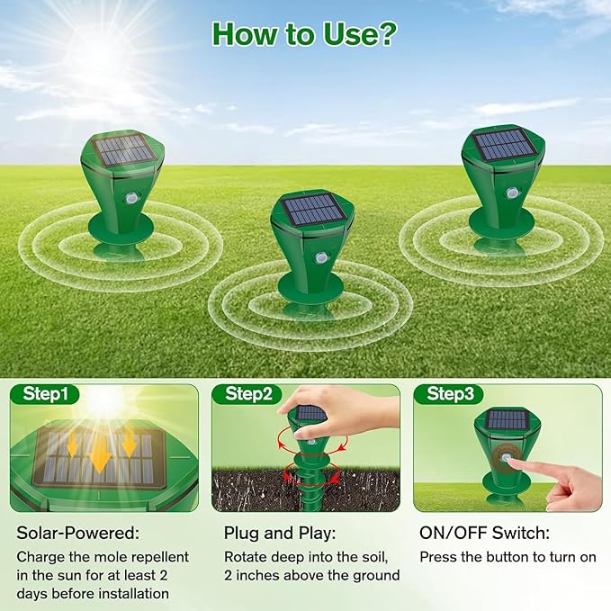 Mole Repellent Solar Powered, 4 Pack Ultrasonic Gopher Repeller IP65 Waterproof for Lawn Garden Yard, Sonic Vole Repellent Outdoor Get Rid of Snake Groundhog Chipmunk Squirrels, Green