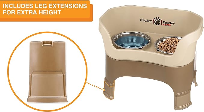 Neater Feeder Deluxe Mess-Proof Elevated Dog Bowls for Large Dogs (40+ lbs), 2 Height Adjustable (14.5” & 17.5”) No-Spill Raised Dog Bowl Stand, Stainless Steel Food Bowl Set, Made in USA, Cappuccino