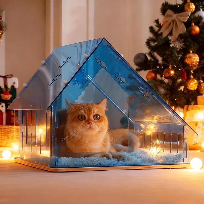 Acrylic Cat House for Indoor Cats, Transparent Cat Bed Cave with Plush Cushion & Hanging Toys, Modern Ventilated Cat Condo with Sturdy Wooden Base for Adult Cats & Kittens up to 12 lbs, Blue