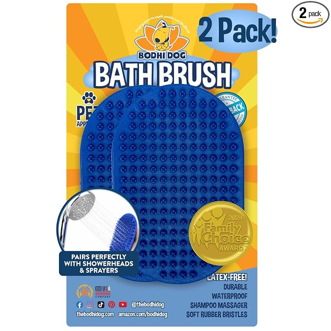 Bodhi Dog Shampoo Brush - Pet Grooming & Bath Supplies for Dogs and Cats - Bath Brush for Long & Short Hair - Premium Scrubber for Shower, Showerhead, Sprayer & Bathing (Two Pack, Blue)