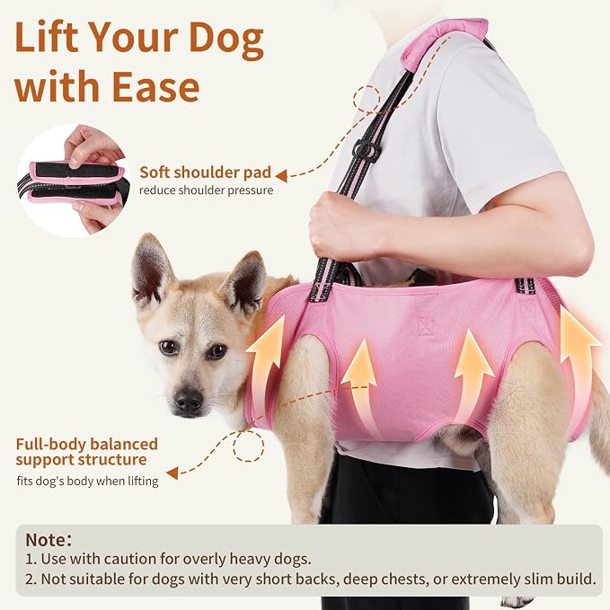 Full Body Dog Lift Harness, Support Senior & Disabled Dogs Walking | Help Up & Down Stairs Grooming, Dog Sling Backpack, Front Hind Leg Joint Injuries, Reflective, Soft Padded Handle | Pink, S