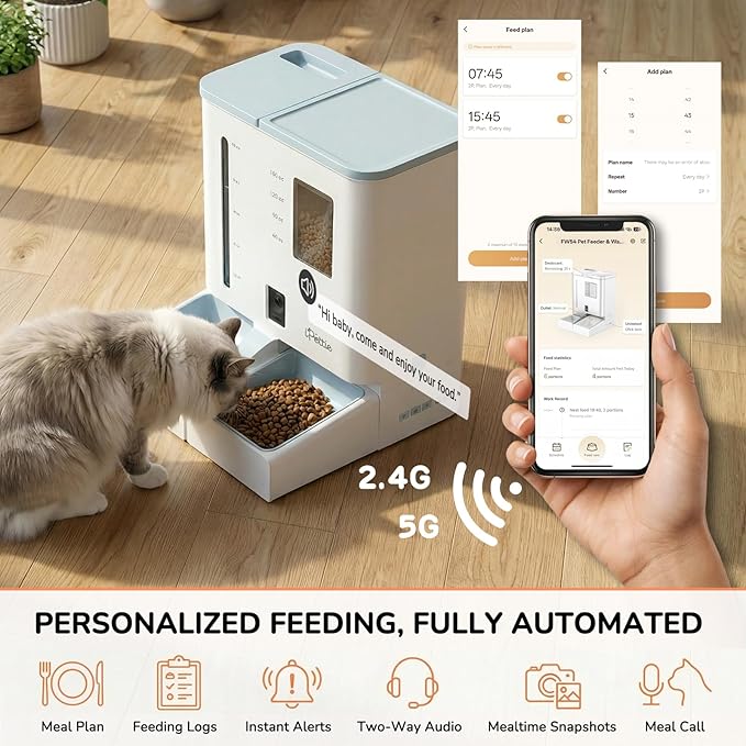 iPettie Camera Automatic Cat Feeder and Water Dispenser, 5G/2.4GHz WiFi | 2K HD Video, Night Vision, APP Scheduling & Alerts, 1 Filter Included, 300oz Large Capacity for 2 Weeks, FW54 Camera Version