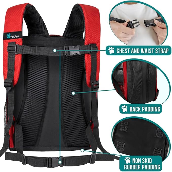 PetAmi Dog Backpack Carrier for Small Medium Dogs Large Cats up to 18 lbs, 2 Side Entry, Structured No-Collapse Frame, Airline Approved Ventilated Pet Backpack for Hiking Camping Travel Vet, Red