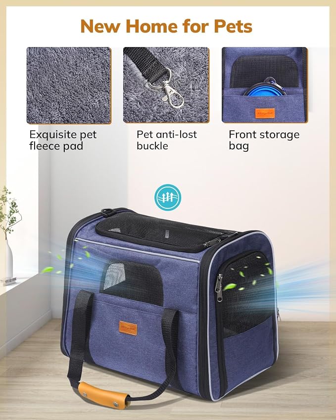 Morpilot Cat Carrier Soft for Large Medium Cats and Puppy up to 20lbs | with Dual-Sided Cushion, Secure Buckle and Foldable Bowl, Dog Carriers for Small Dogs - Pet Carrier (Dark Blue)