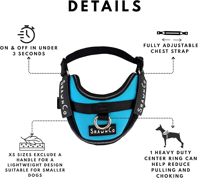 ShawnCo Essential Pro Dog Harness, No-Pull Pet Vest with Removable, Reflective Side Patches, Adjustable and Padded Harness for Small, Medium and Large Dogs (Oceanic Blue, XS)