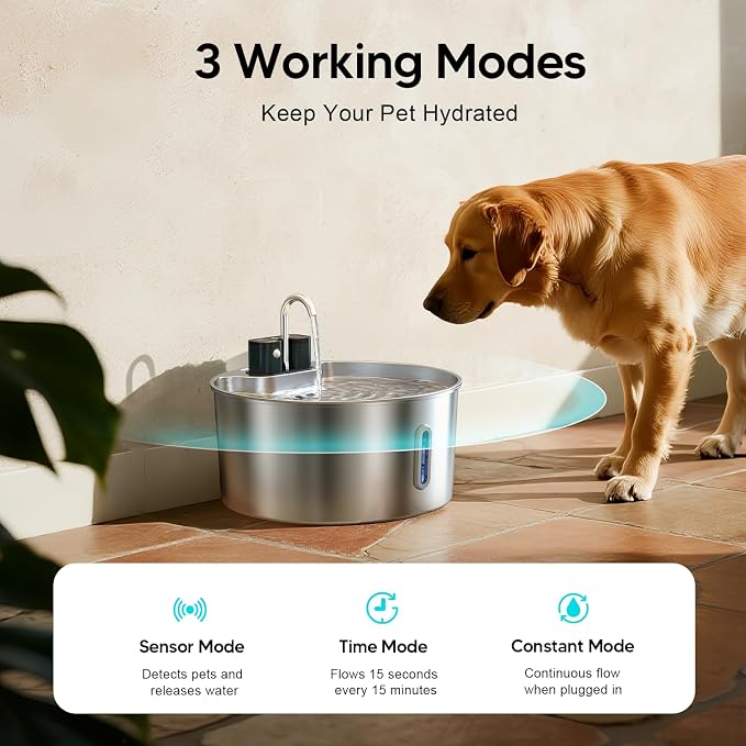 Voluas 7L Wireless Dog Water Fountain with 6 Filters, Stainless Steel | 236oz capacity, 4-layer filtration, ultra-quiet pump, water level window, easy clean for large dogs