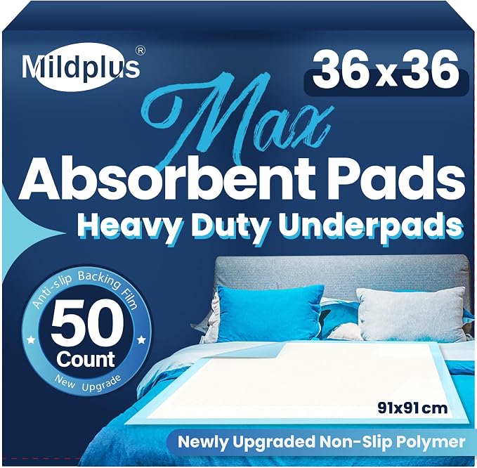 MILDPLUS Heavy Duty Underpad 36''x36'' 50 Count (Blue) | 125 Grams Extra Large Chucks Pads 3XL Disposable Bed Pads, Super Absorbent Incontinence Pads for Adults, Kids, Pee Pads