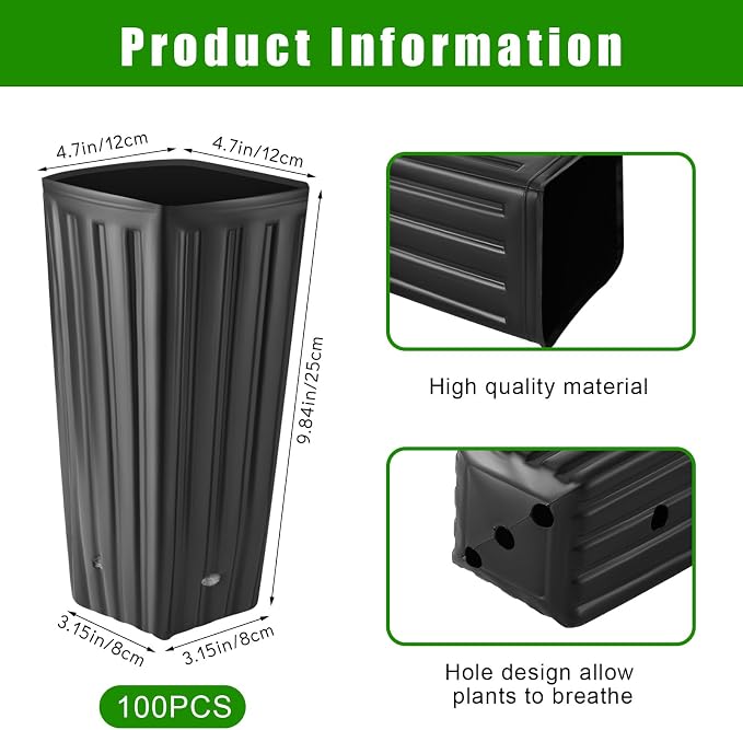 Nuenen 100 Pcs Tall Pot Plastic Deep Plant Nursery Pots Black Seedling Flower Plant Container with Drainage Holes for Indoor Outdoor Gardening (9.8" H X 4.7" W)