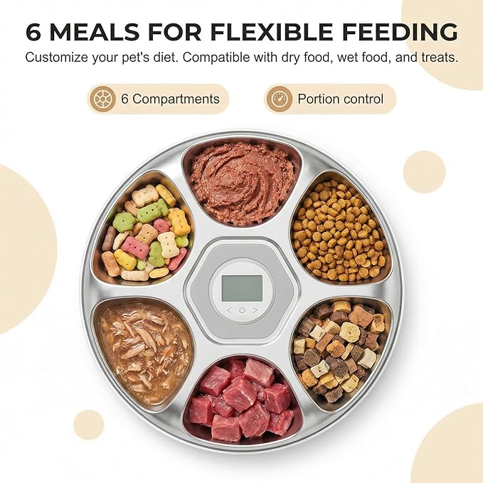 Ownpets Automatic Cat Feeder for Wet Food, with Stainless Steel Tray, 6 Meals Rechargeable Auto Pet Feeder with 2 Ice Packs, Cat Food Dispenser for Cats Small Dogs