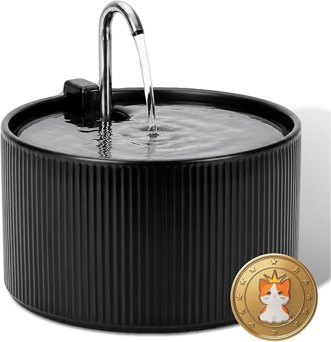 2.2L Ceramic Pet Fountain –Porcelain Pet Water Fountain & Little Dog Drinking Bowl– Automatic Cat Water Dispenser （Black）