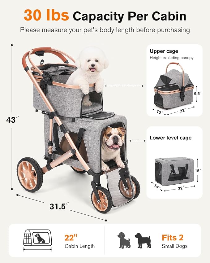 Double Pet Stroller with 2 Detachable Carriers, Shock-Absorbing | Dog & Cat Stroller for Small/Medium Pets, Convertible Car Seats, Foldable Design, 4-Wheel Smooth Ride