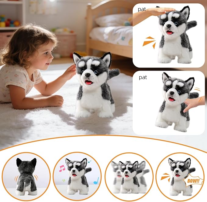CU-MATE Plush Interactive Simulation Dog-Realistic Puppy Electronic Toy Dog Cat with Walking/Barking/Wagging Tail/Talking-Like Real Robotic Present (Electric Husky)