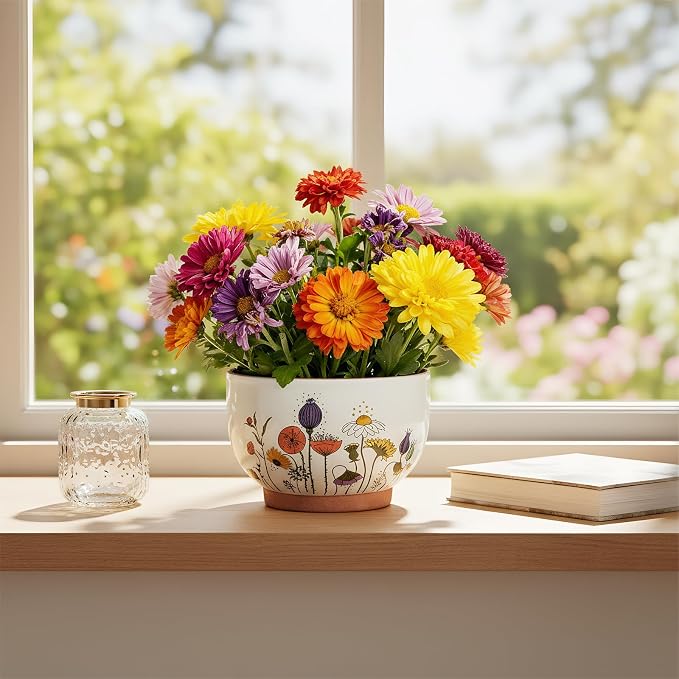 YBX 8 Inch & 6 Inch Terracotta Plant Pots, Flower Pots for Indoor Plants with Drainage, Planters with Floral Accent for Indoor Plants (French Country)