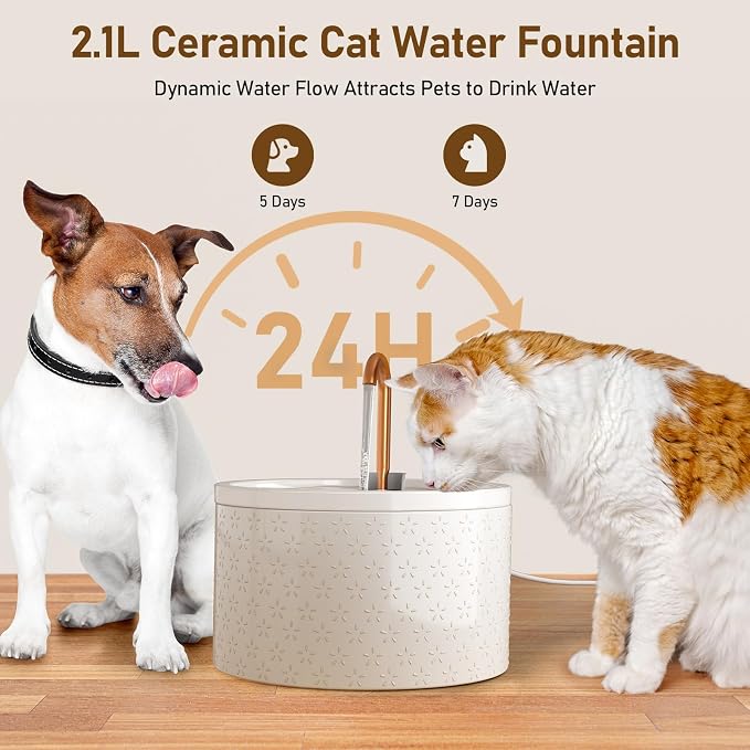 DOOOB Ceramic Cat Water Fountain, 2.1L/71oz Cat Fountain, Automatic Ceramic Water Fountain for Cats, Pet Water Fountain with Ultra-Quiet Pump and 3 Filters & 3 Sponges (Firework Embossed)