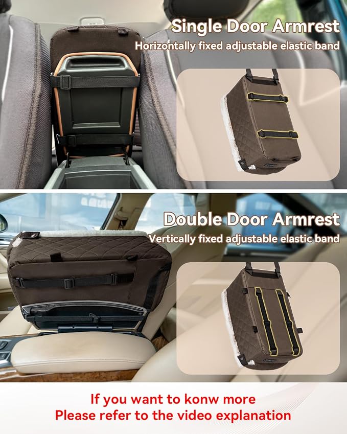 PETSFIT Dog Console Car Seat with Dual Adjustable Seat-Rail Anchor Hooks | Anti-Collapse Leather Armrest Booster Carseat with Safety Tether, Washable Cushion, Soft Pillow for Pets Under 8 lbs,Coffee
