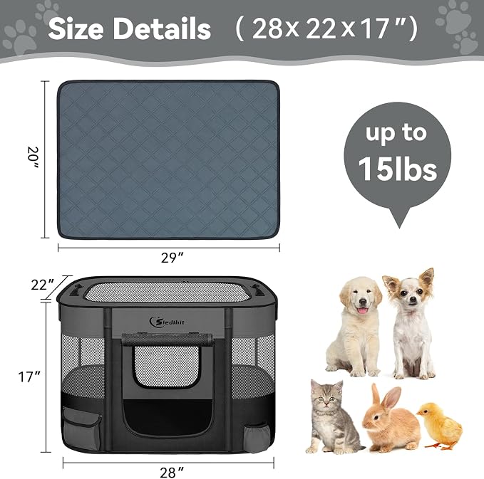 Siedihit Dog Playpen, Cat Pet Puppy Crate, Portable Playpens Indoor Outdoor (Dark Grey with Pad, Small)