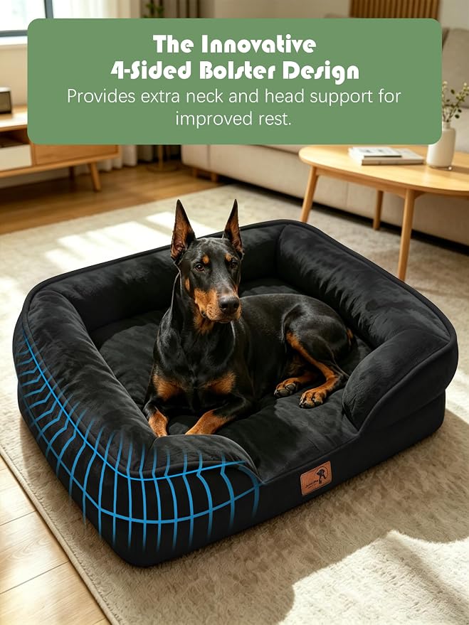 Spotted Play Orthopedic Dog Bed with Sides - Sofa Beds for Extra Large Dogs, Supportive Foam Pet Couch Bed with Washable Removable Cover, Waterproof Lining and Non-Slip Bottom, Black - XL-Plus