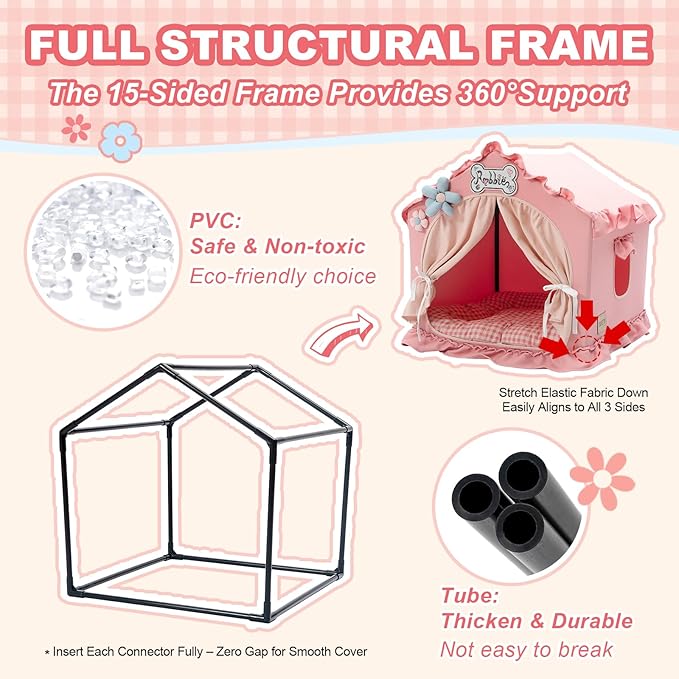 Indoor Dog House with Frame,Cute Dog Tent Bed with Cover Cave,Pink | Breathable,Washable,and Foldable House, Suitable for 8-16 Lb Puppy and Cats, Medium (17"×17"×17"),Inside Dog House