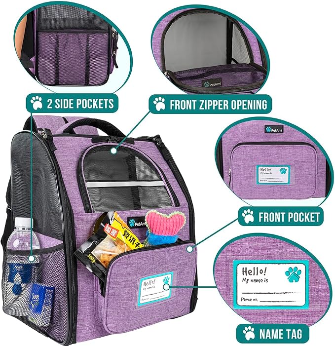 PetAmi Dog Backpack Carrier for Small Medium Dogs Large Cats up to 18 lbs, 2 Side Entry, Structured No-Collapse Frame, Airline Approved Ventilated Pet Backpack for Hiking Camping Travel, Purple