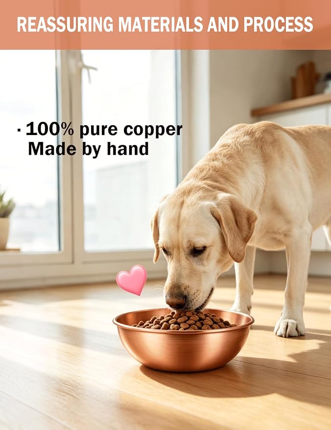 8.66 Inch Large Round Hand Forged Pure Solid Copper Pet Bowl, Heavy Duty Dog Copper Bowl for Food & Water, Premium Feeding Copper Bowl for Dogs Cats & All Household Pets (1)
