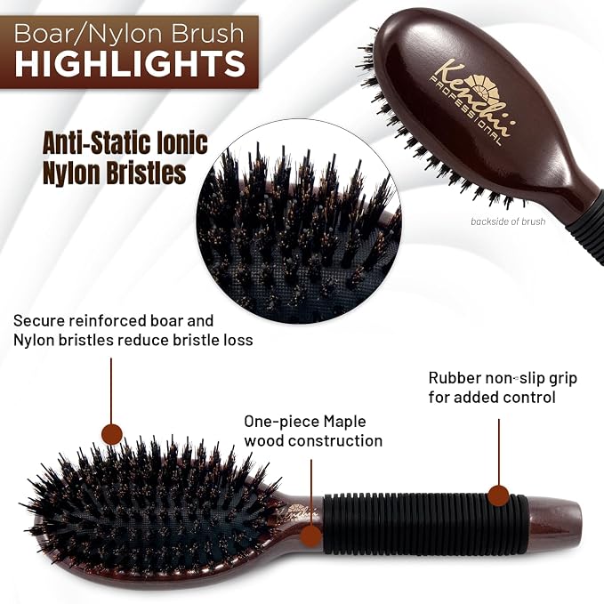 Kenchii Boar and Nylon Bristle Brush for Dog and Cat, Professional Grooming Brush with Maple Body, Lightweight, Non-Slip Rubber, Size Small
