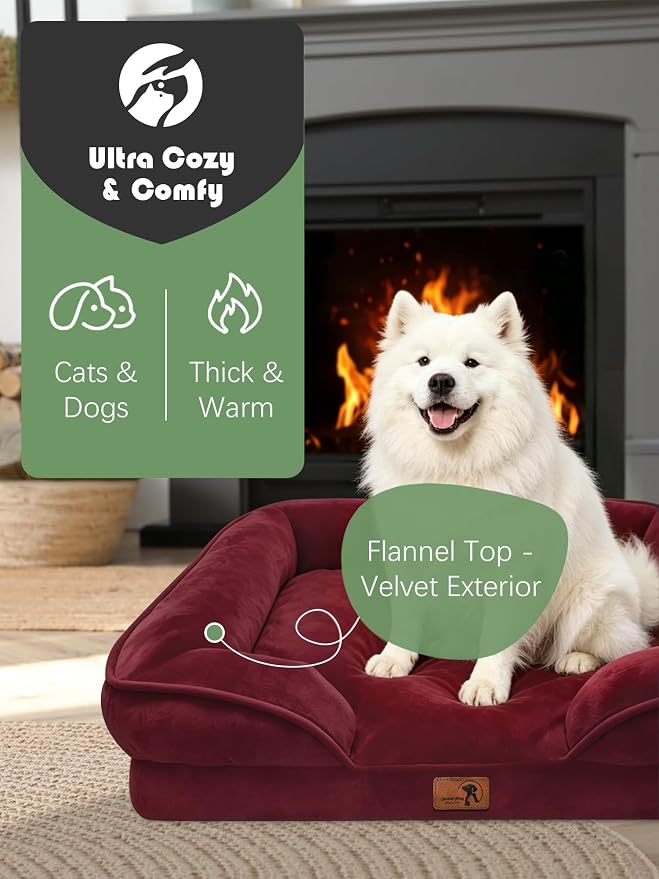 Spotted Play Orthopedic Dog Bed with Sides - Sofa Beds for Large Dogs, Supportive Foam Pet Couch Bed with Washable Removable Cover, Waterproof Lining and Non-Slip Bottom, Burgundy - L-Plus