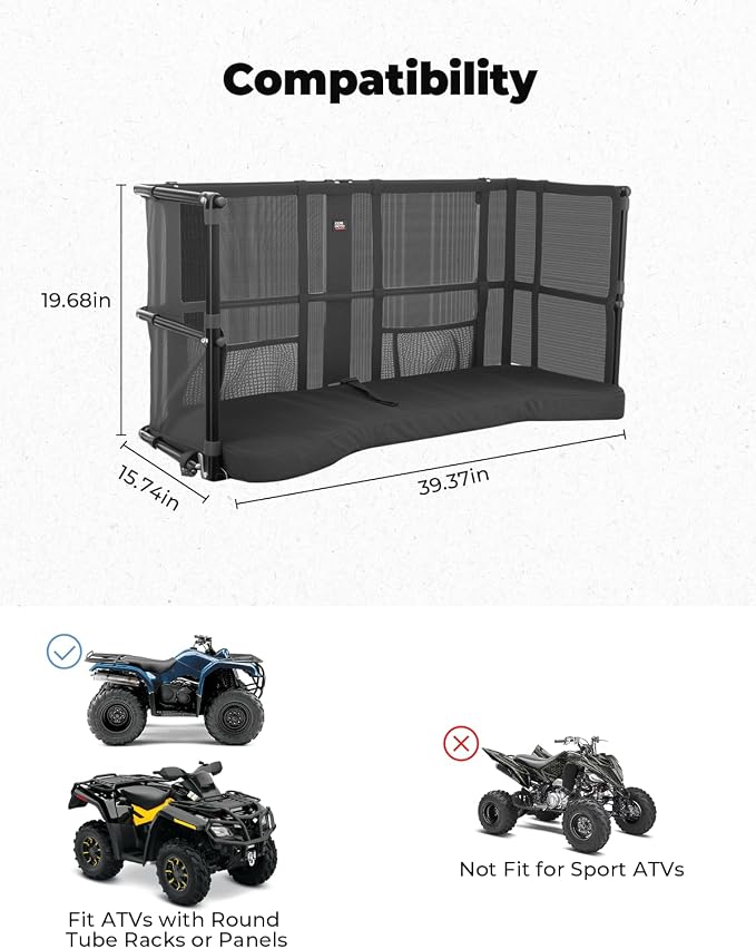 KEMIMOTO ATV Dog Carrier Seat, Heavy-Duty Four Wheeler Pet Seat | Wide 22-40mm Pipe Fit, 2.7" Breathable Comfort, 600D Wear & Water Resistance, Storage Pockets, with Dog Leash